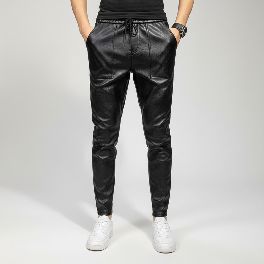 Men's Leather-Look Tie-Waist Pants – Black