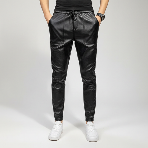 Men's Leather-Look Tie-Waist Pants – Black