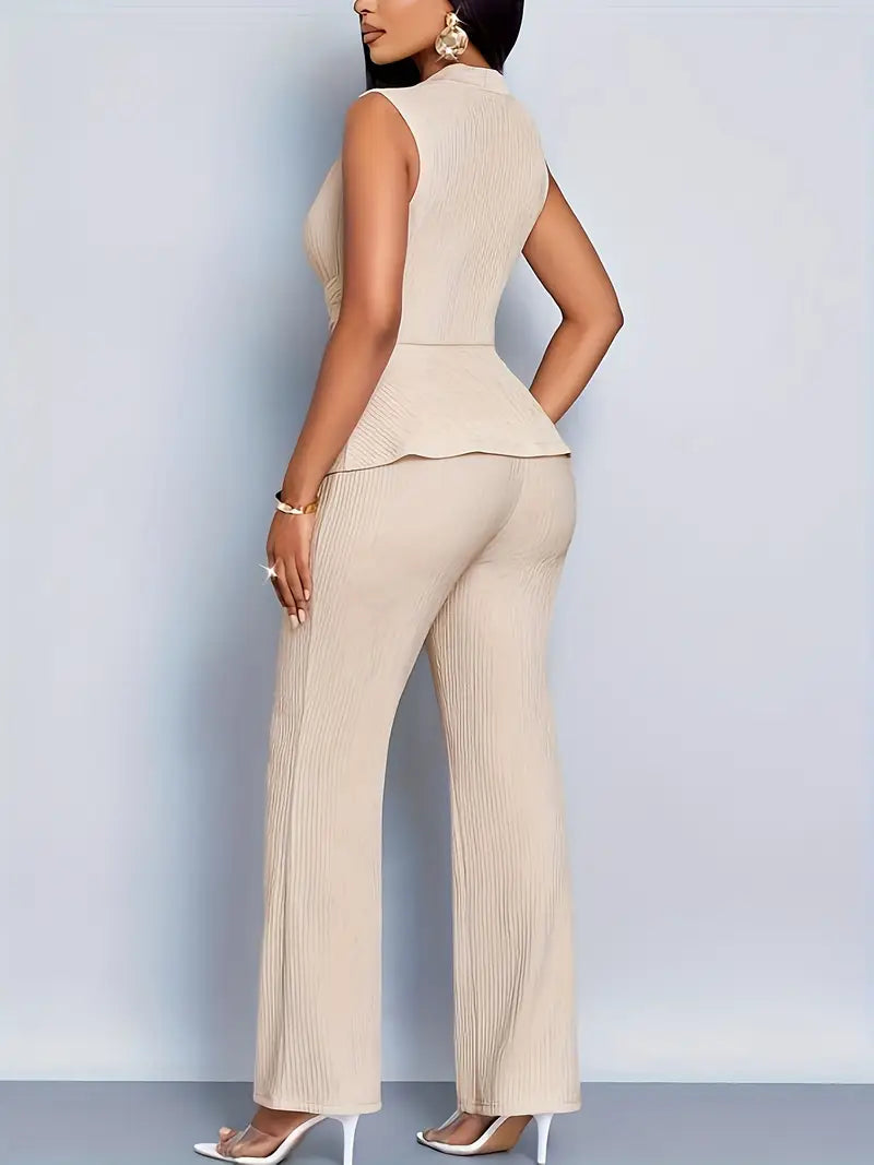 Women's Pleat-Detail Peplum Top and Flare Pants Set – view 2