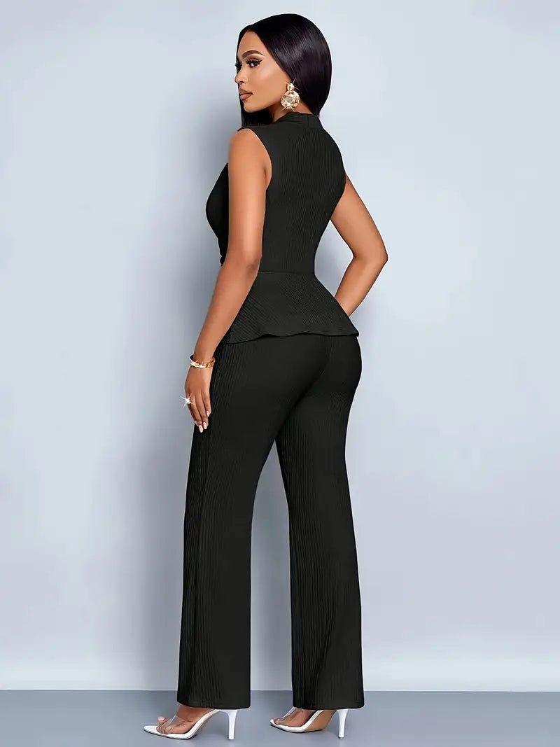 Women's Pleat-Detail Peplum Top and Flare Pants Set – view 4