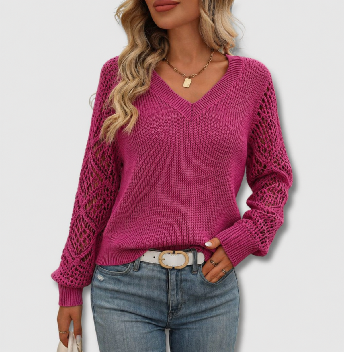 Women's V-Neckline Open-Knit Pullover – Hot Pink