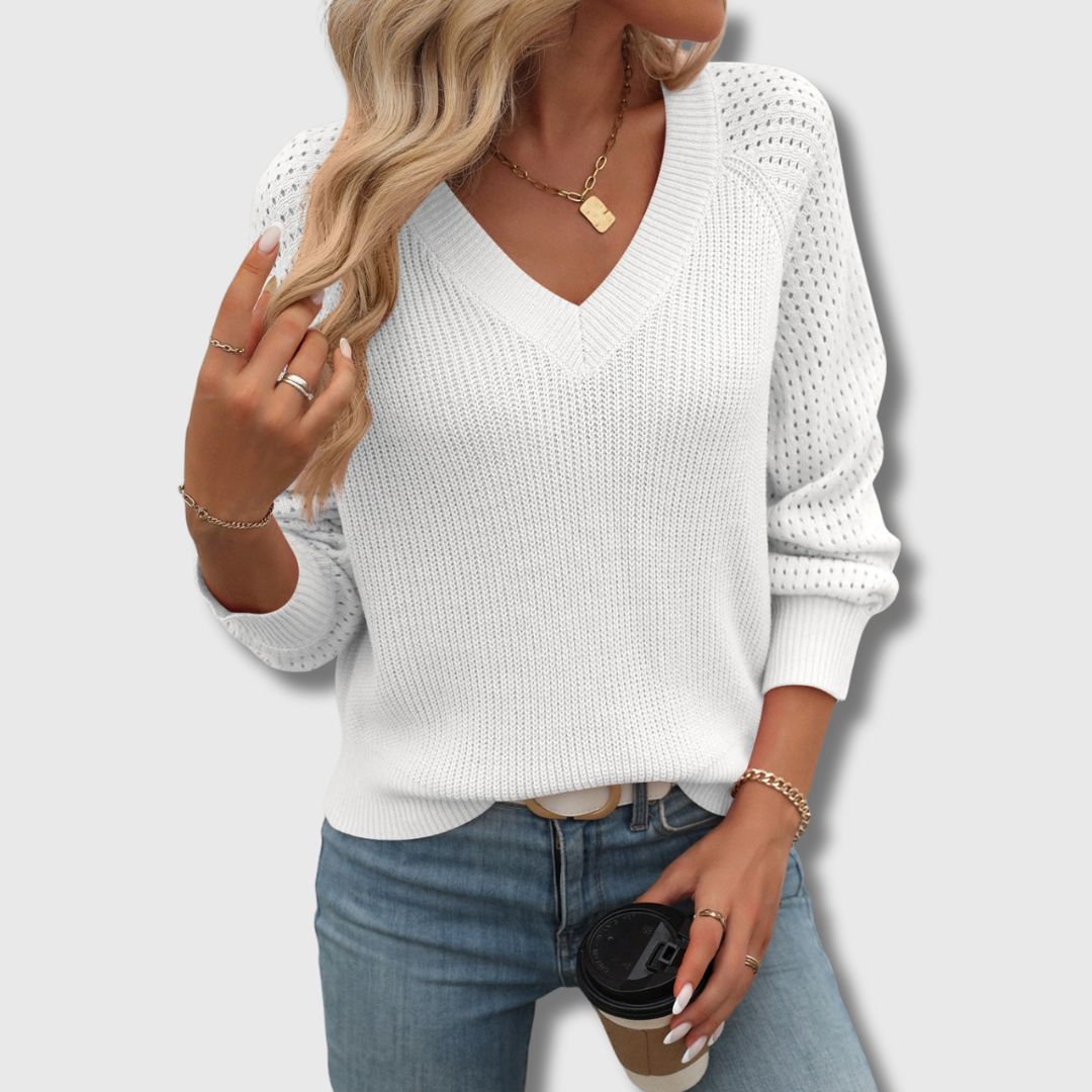 Women's V-Neckline Open-Knit Pullover – White