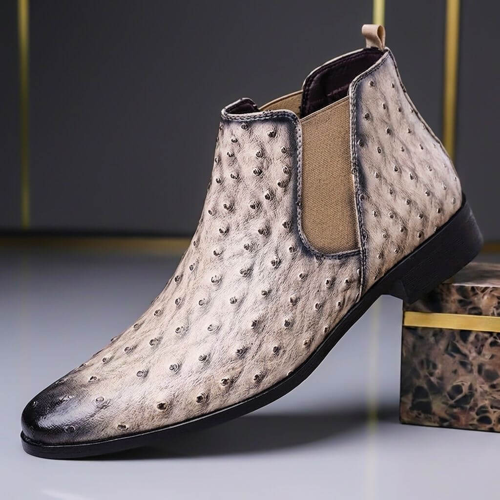 Men's Embossed Leather Chelsea Boots for Evening Wear – Cream