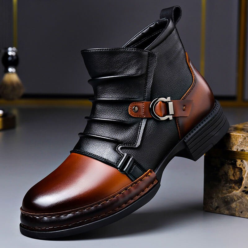 Men's Leather Buckle-Detail Ankle Boots – Black