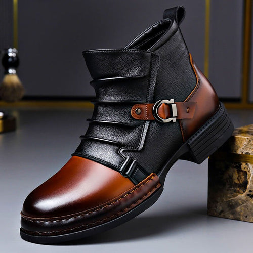 Men's Leather Buckle-Detail Ankle Boots – Black