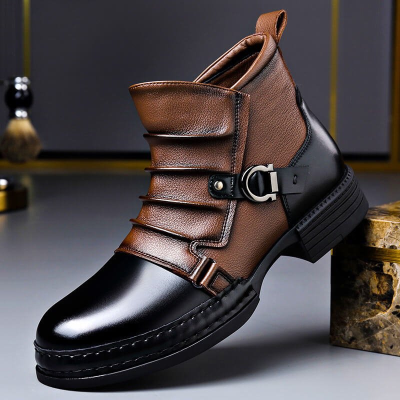 Men's Leather Buckle-Detail Ankle Boots – Brown