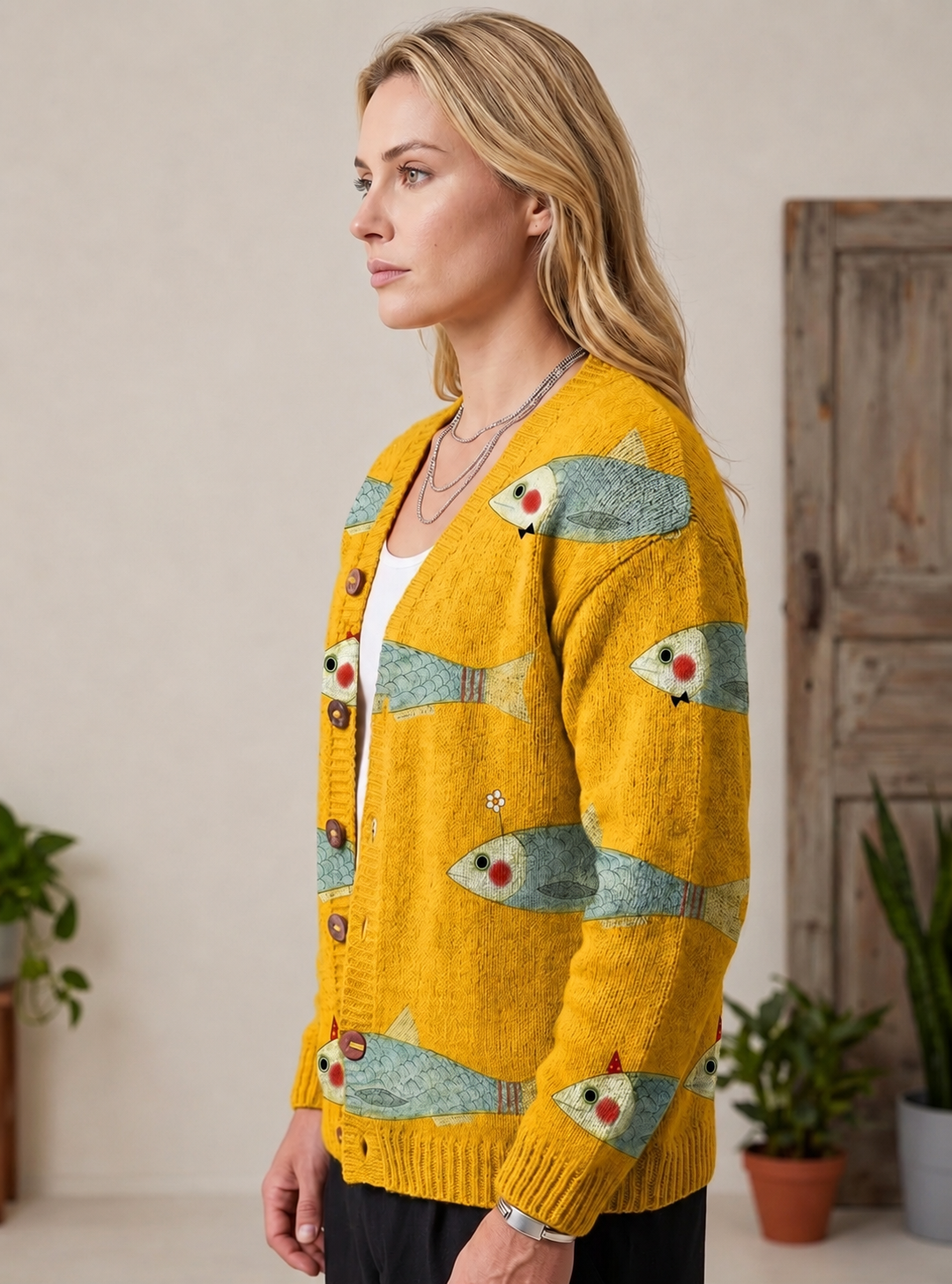 Women's Fish Print Button-Front Knit Cardigan – view 3