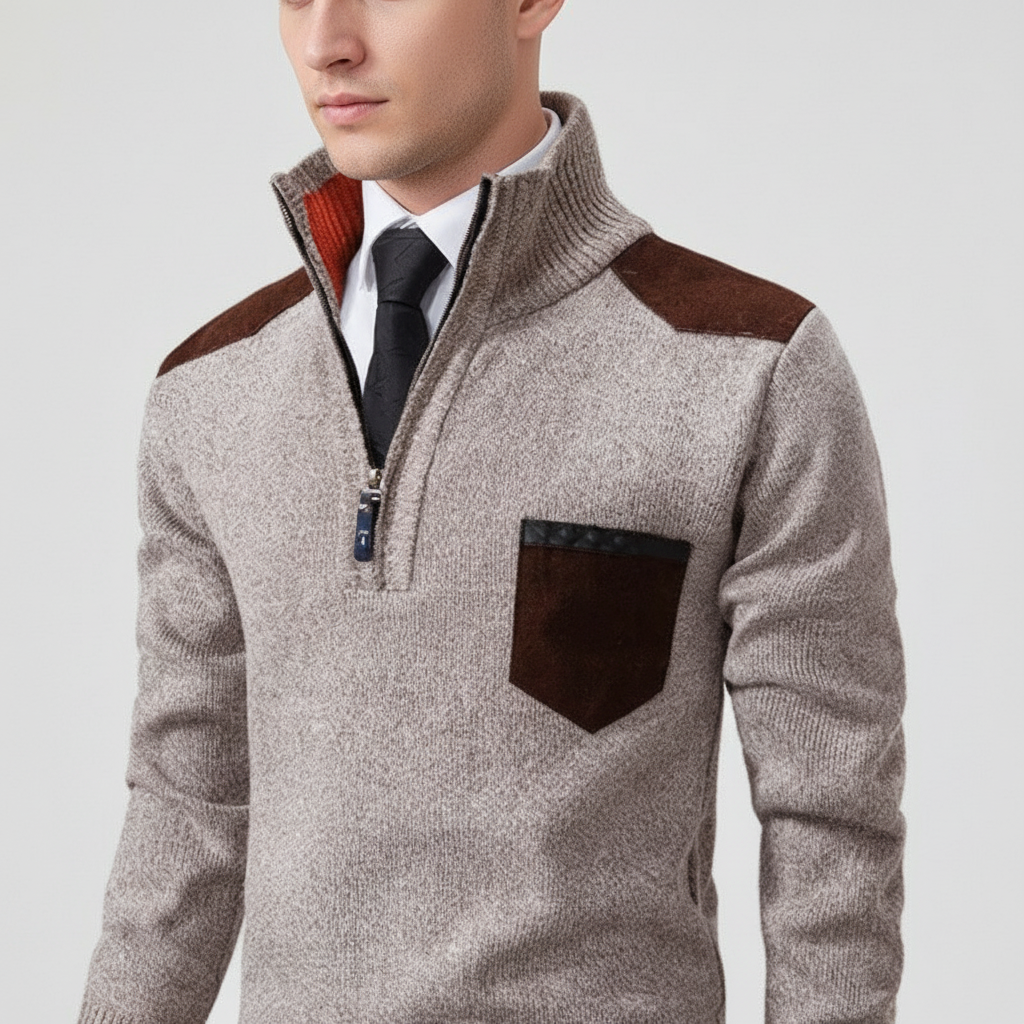 Men's Plush Knit Quarter-Zip Pullover with Chest Pocket – Taupe