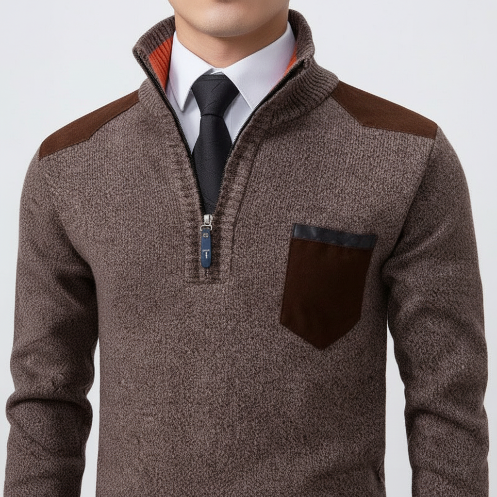 Men's Plush Knit Quarter-Zip Pullover with Chest Pocket – Brown