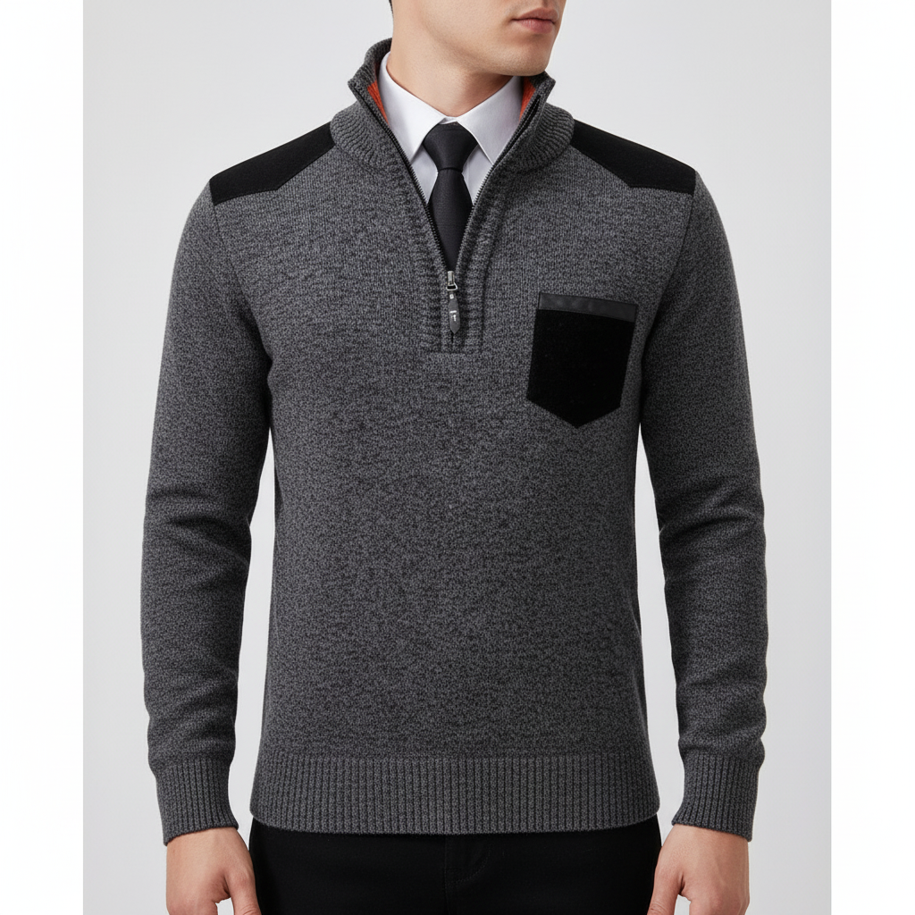 Men's Plush Knit Quarter-Zip Pullover with Chest Pocket – Dark Gray