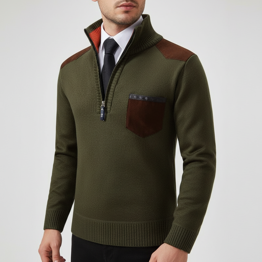 Men's Plush Knit Quarter-Zip Pullover with Chest Pocket – Olive Green