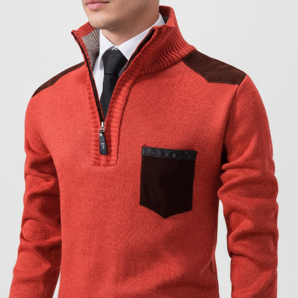 Men's Plush Knit Quarter-Zip Pullover with Chest Pocket – Red Orange