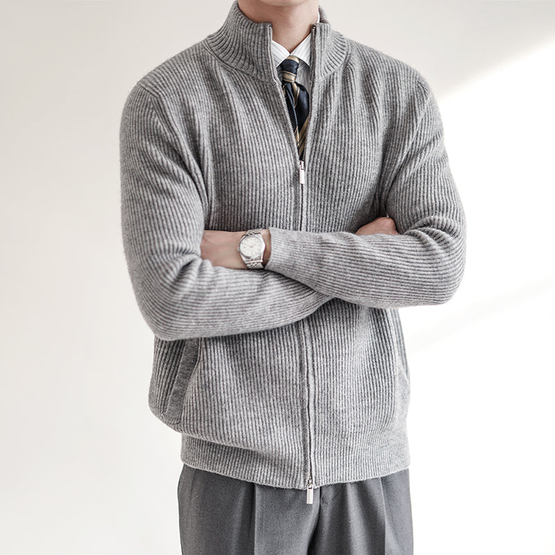 Men's Rib-Knit Full Zip Knit Cardigan – Gray