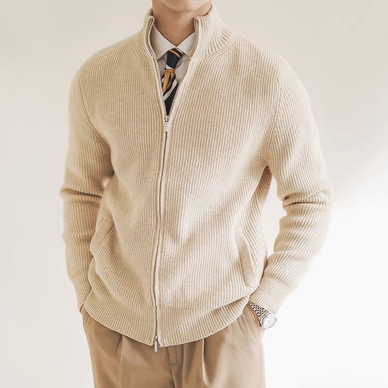 Men's Rib-Knit Full Zip Knit Cardigan – Beige