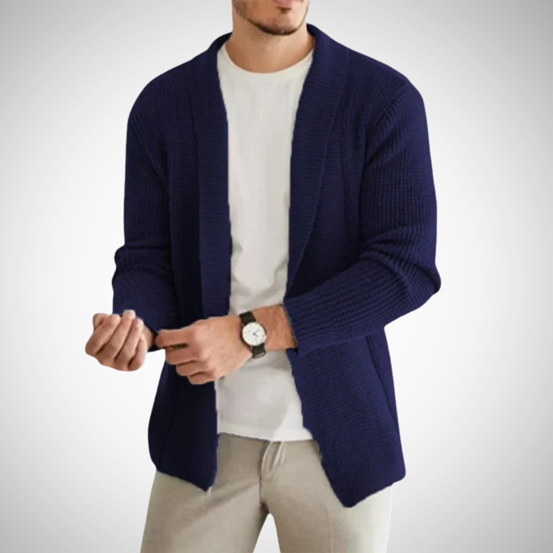 Men's Open-Front Shawl Collar Knit Cardigan for Fall – Navy Blue