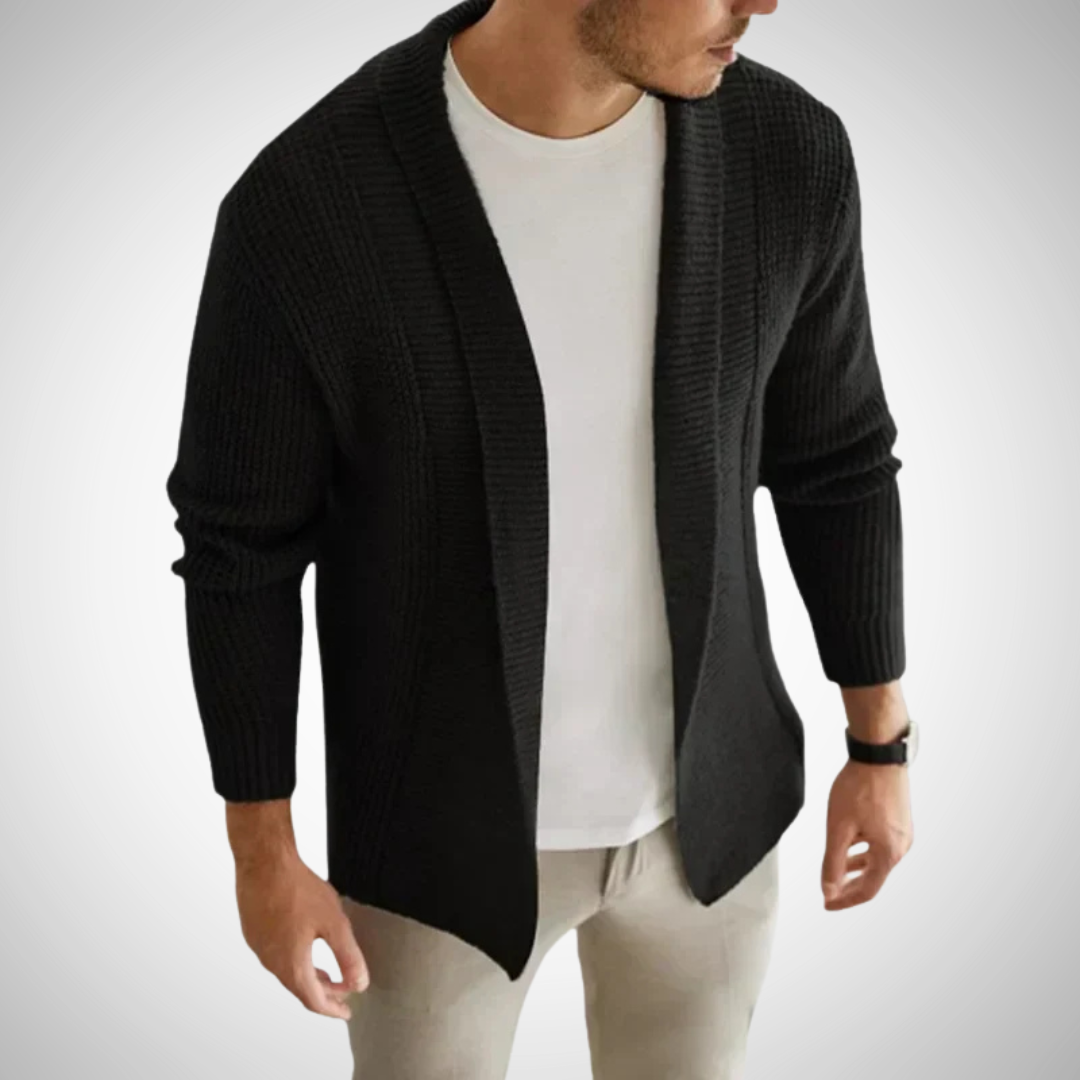 Men's Open-Front Shawl Collar Knit Cardigan for Fall – Black