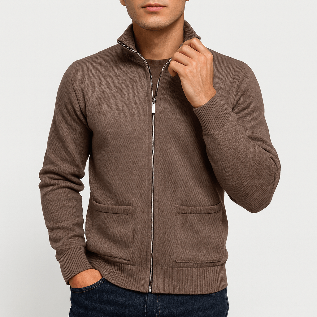 Men's Light-Weight Cotton Zip Knit Cardigan with Front Pockets – Brown
