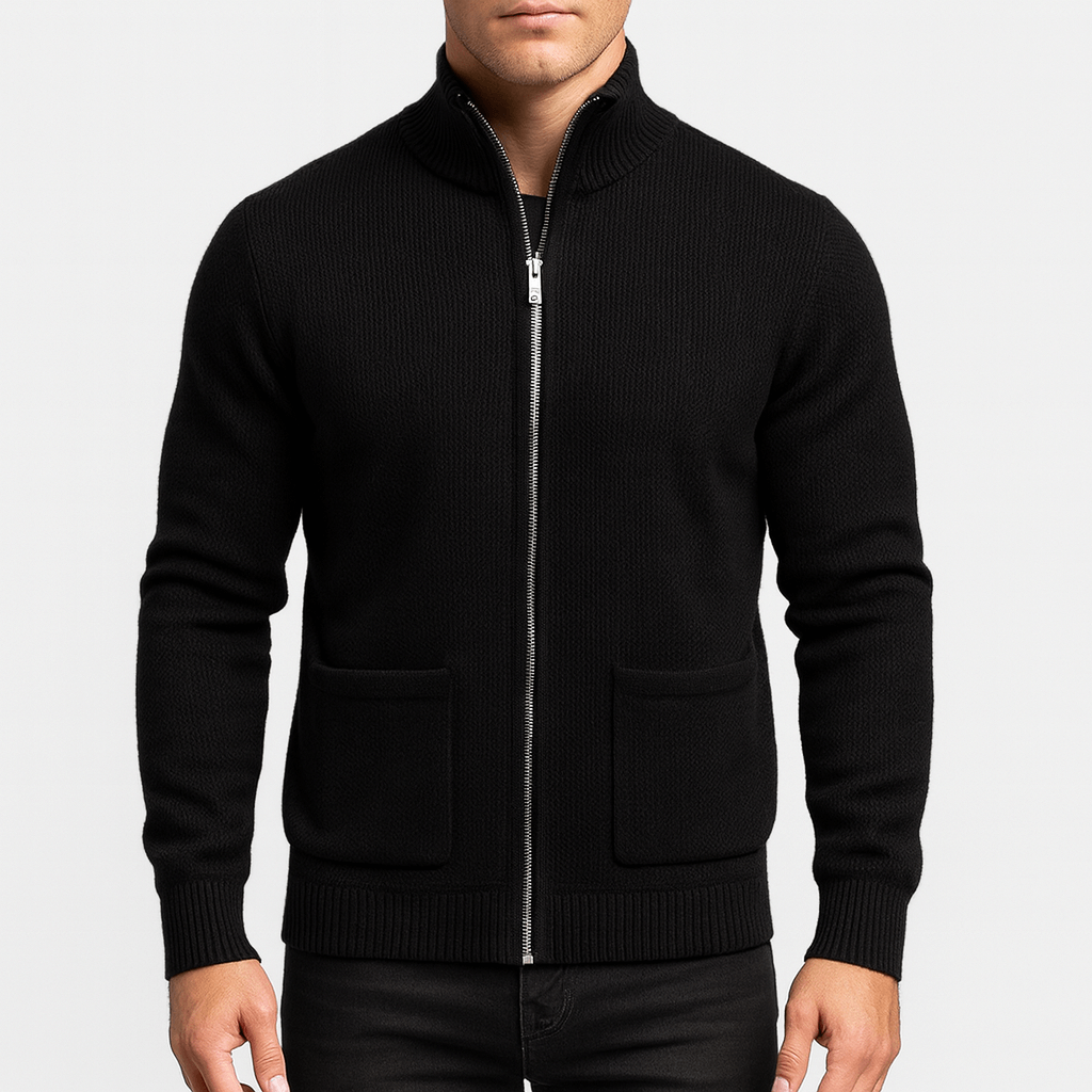 Men's Light-Weight Cotton Zip Knit Cardigan with Front Pockets – Black