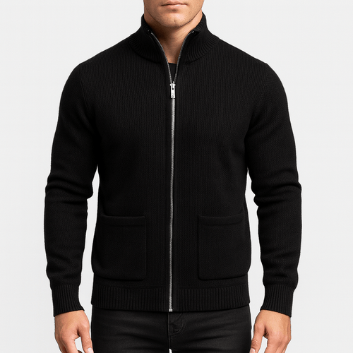 Men's Light-Weight Cotton Zip Knit Cardigan with Front Pockets – Black