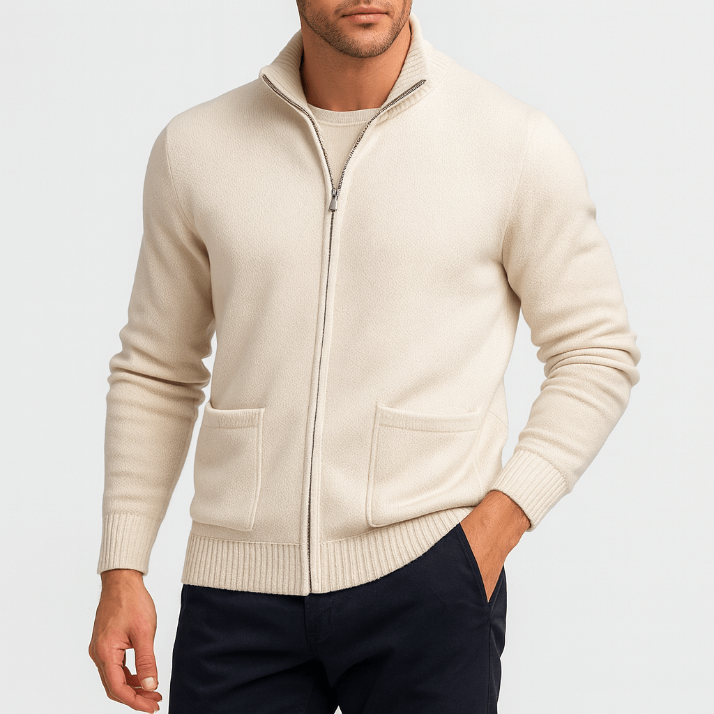 Men's Light-Weight Cotton Zip Knit Cardigan with Front Pockets – Cream
