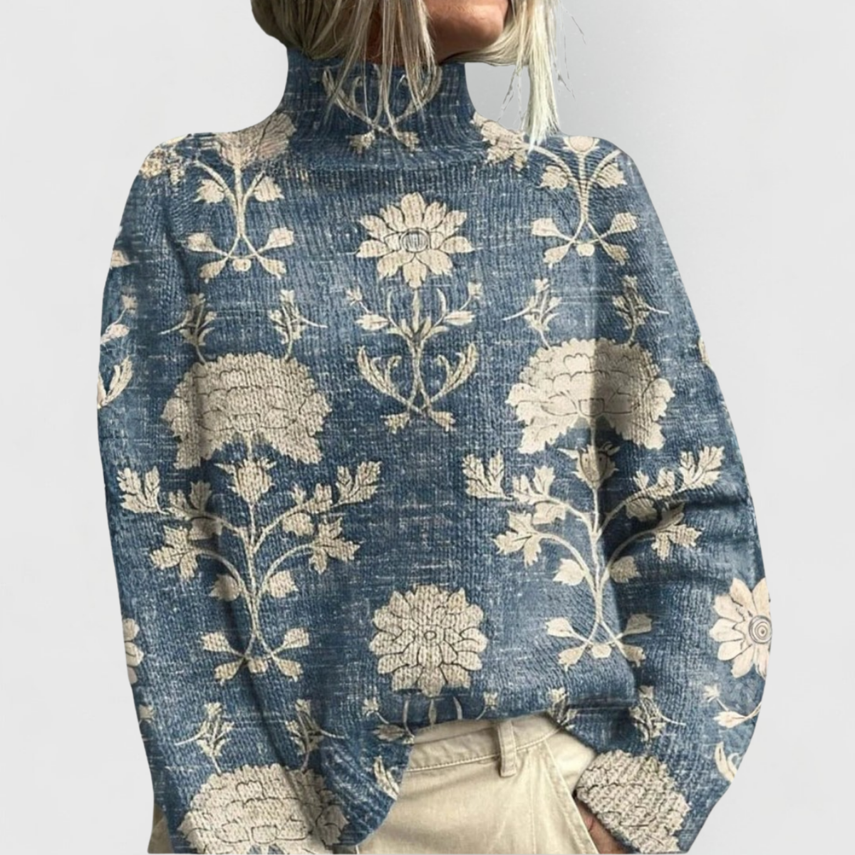 Women's Print-Detail Roll-Neck Top – Light Blue