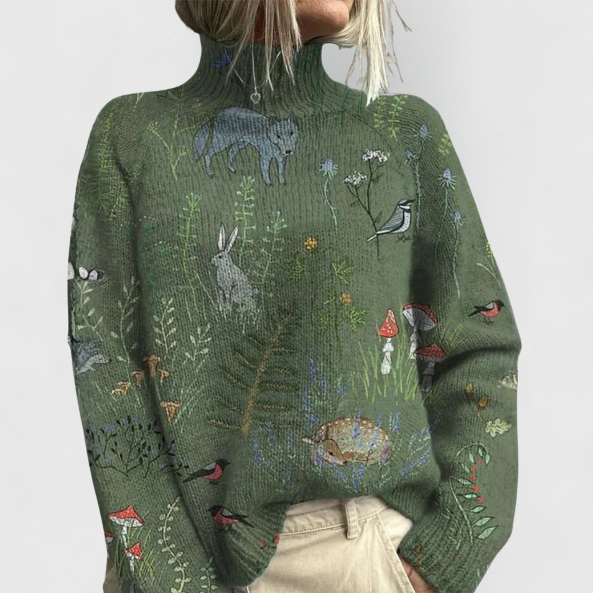 Women's Print-Detail Roll-Neck Top – Army Green