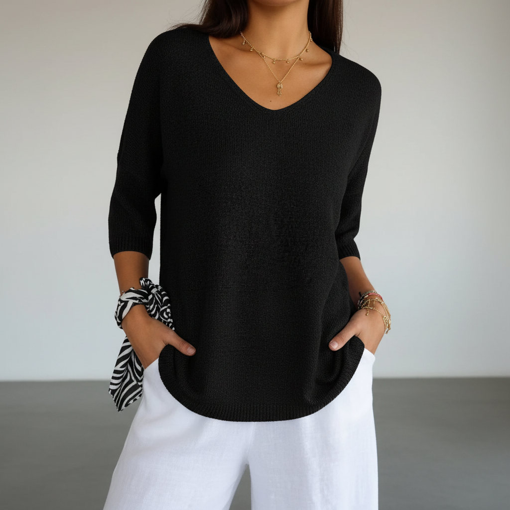 Women's Light-Weight V-Neckline Knit Top – Black