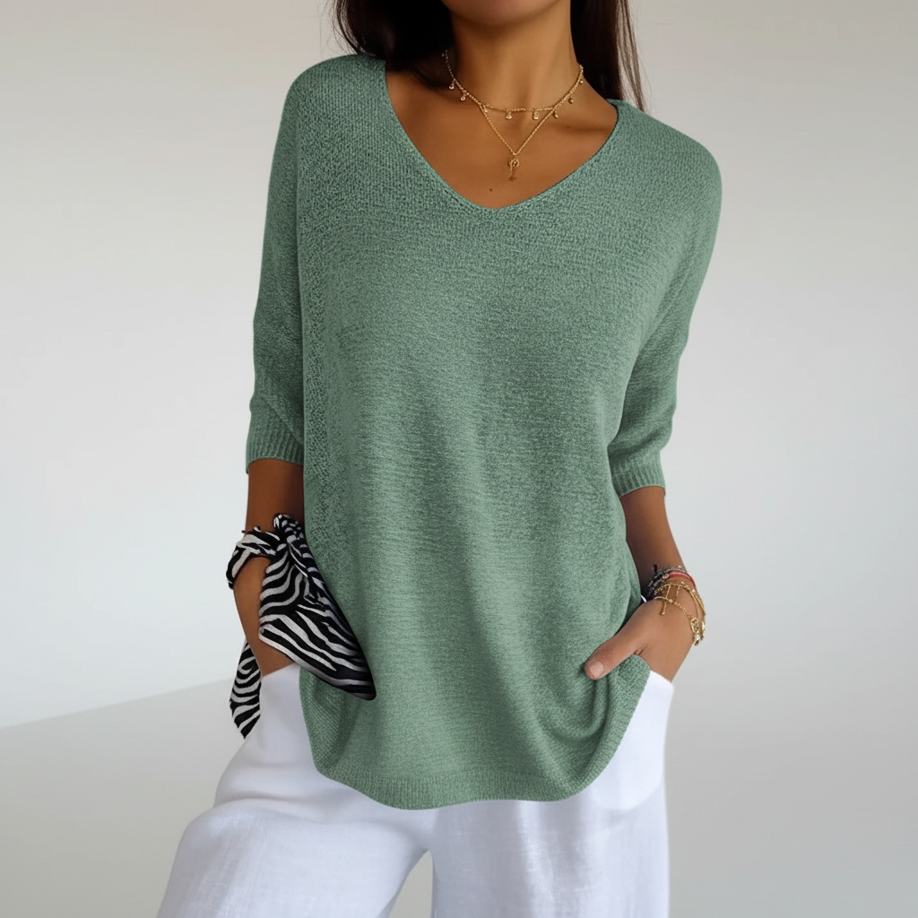 Women's Light-Weight V-Neckline Knit Top – Light Green