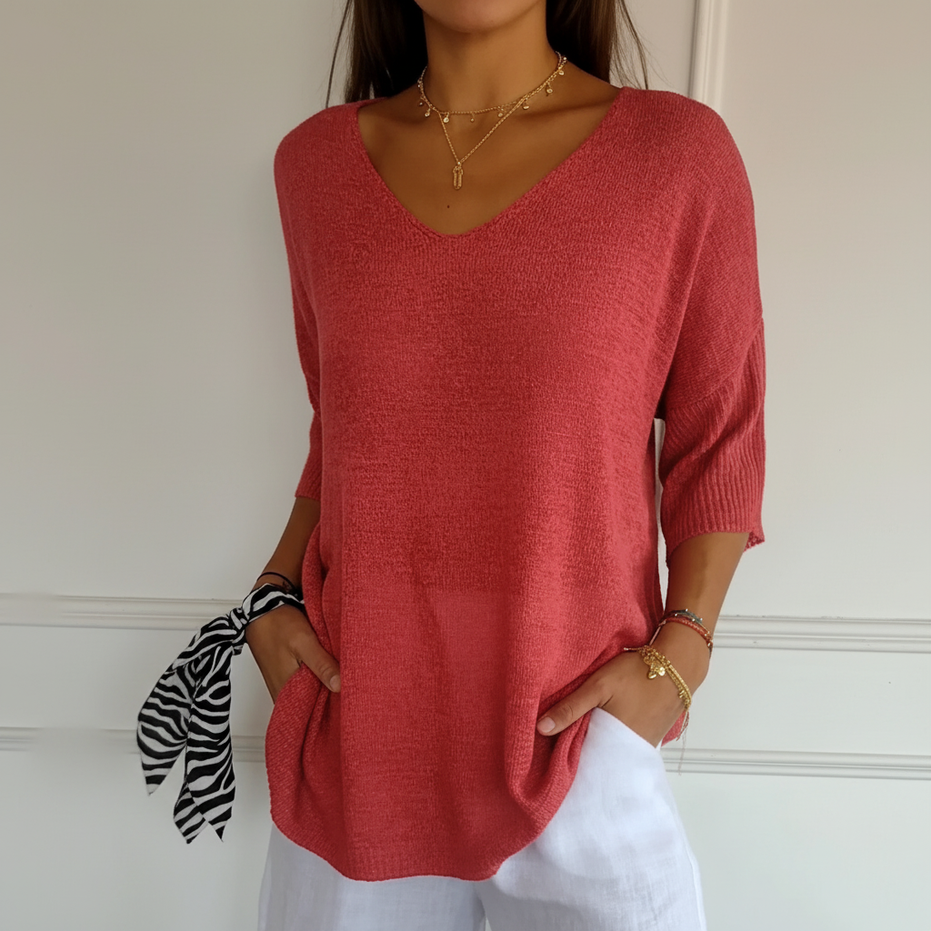 Women's Light-Weight V-Neckline Knit Top – Red