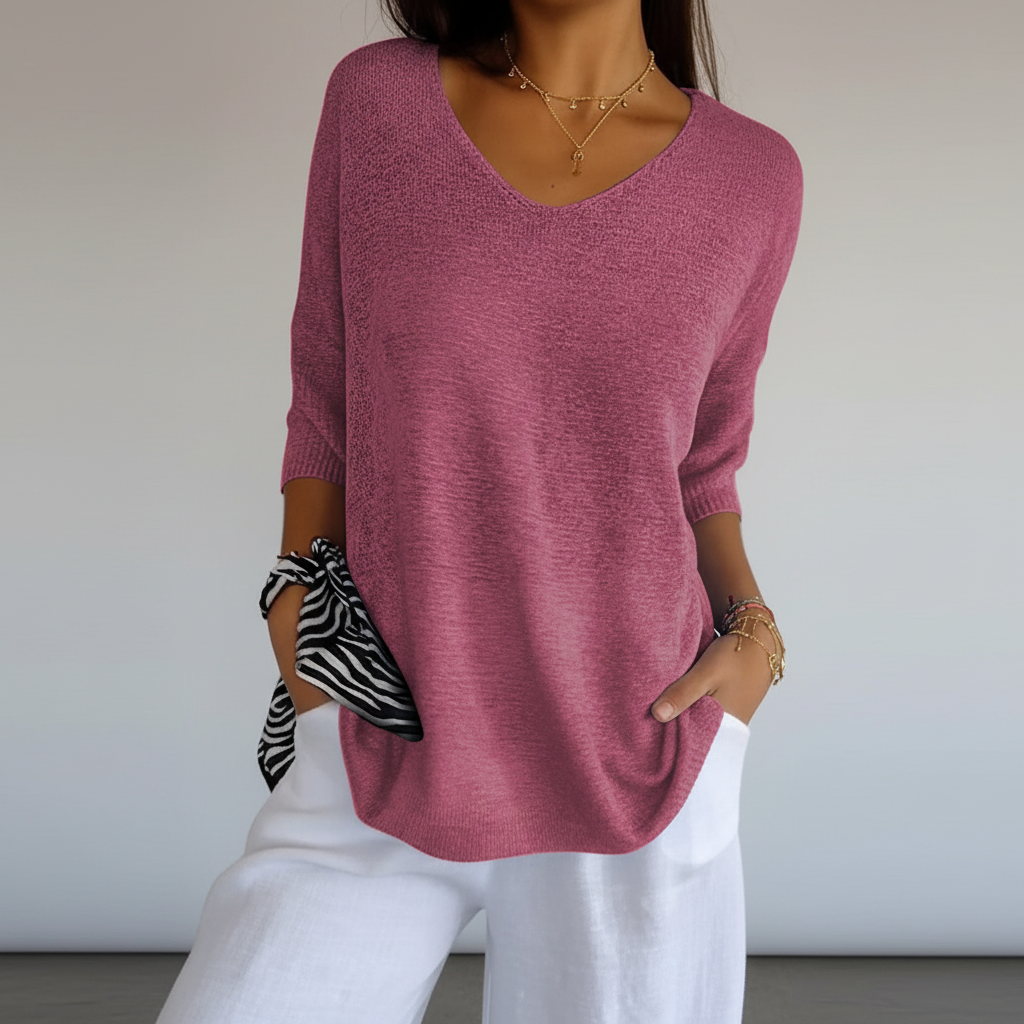 Women's Light-Weight V-Neckline Knit Top – Dark Pink