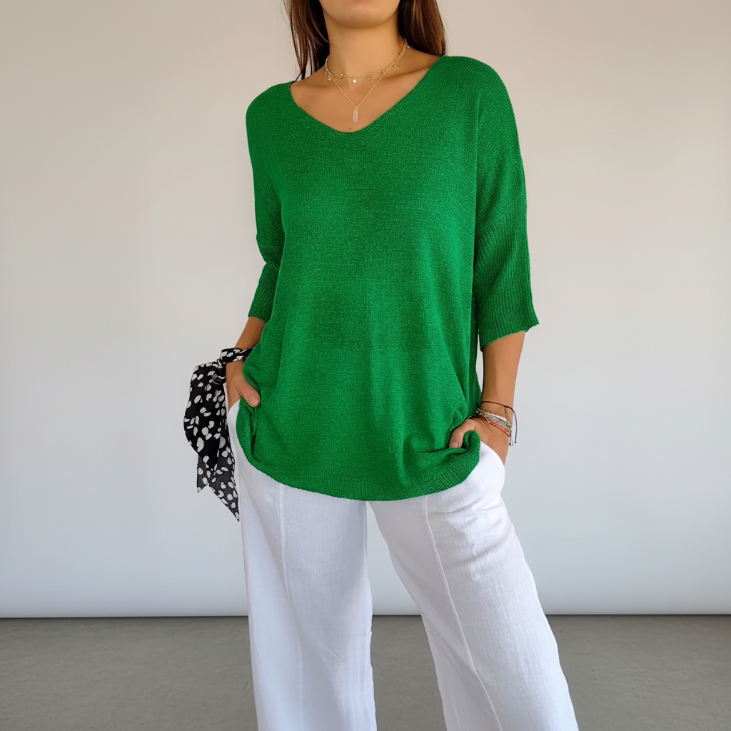 Women's Light-Weight V-Neckline Knit Top – Green