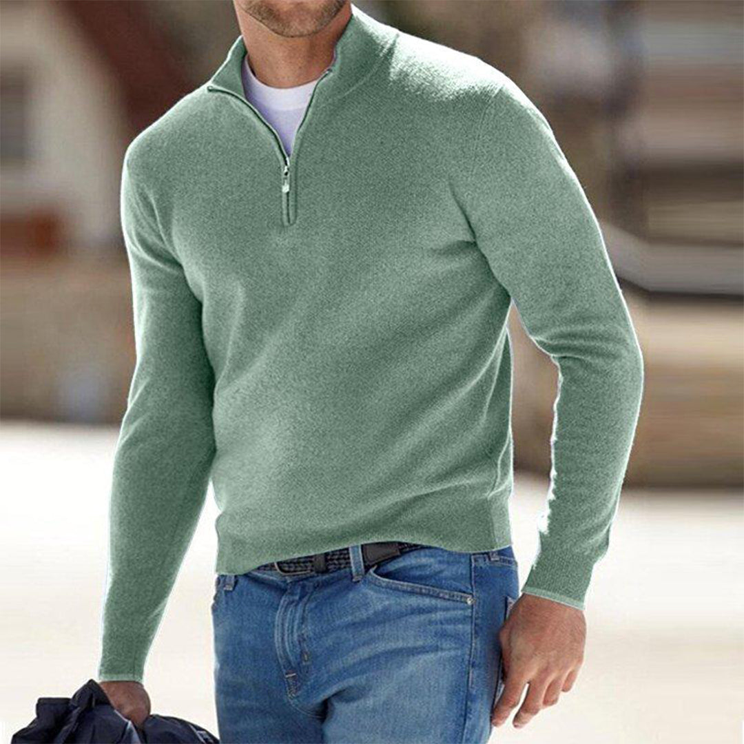 Men's Light-Weight Quarter-Zip Knit Pullover with Raised Collar – Green