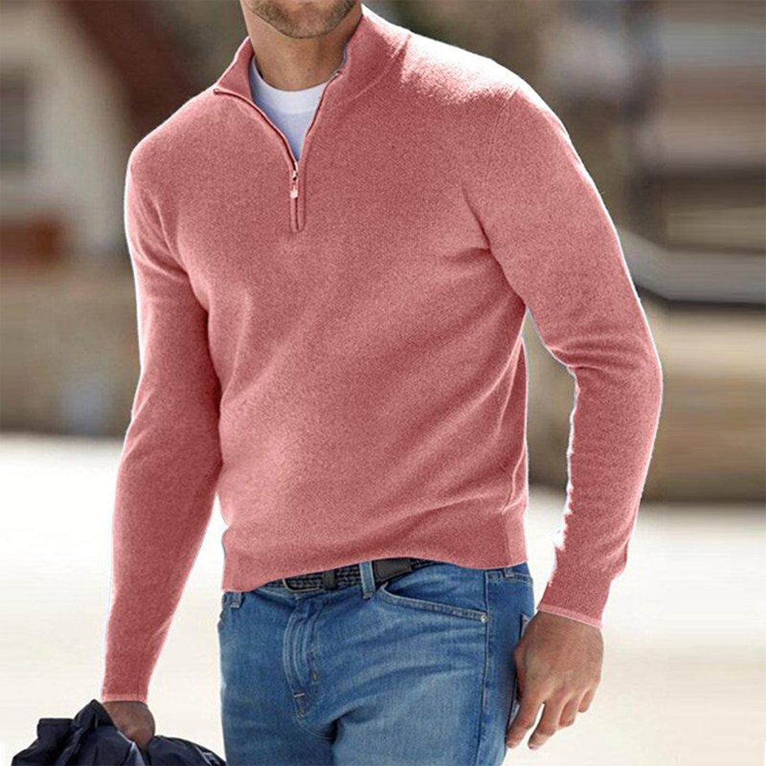 Men's Light-Weight Quarter-Zip Knit Pullover with Raised Collar – Pink