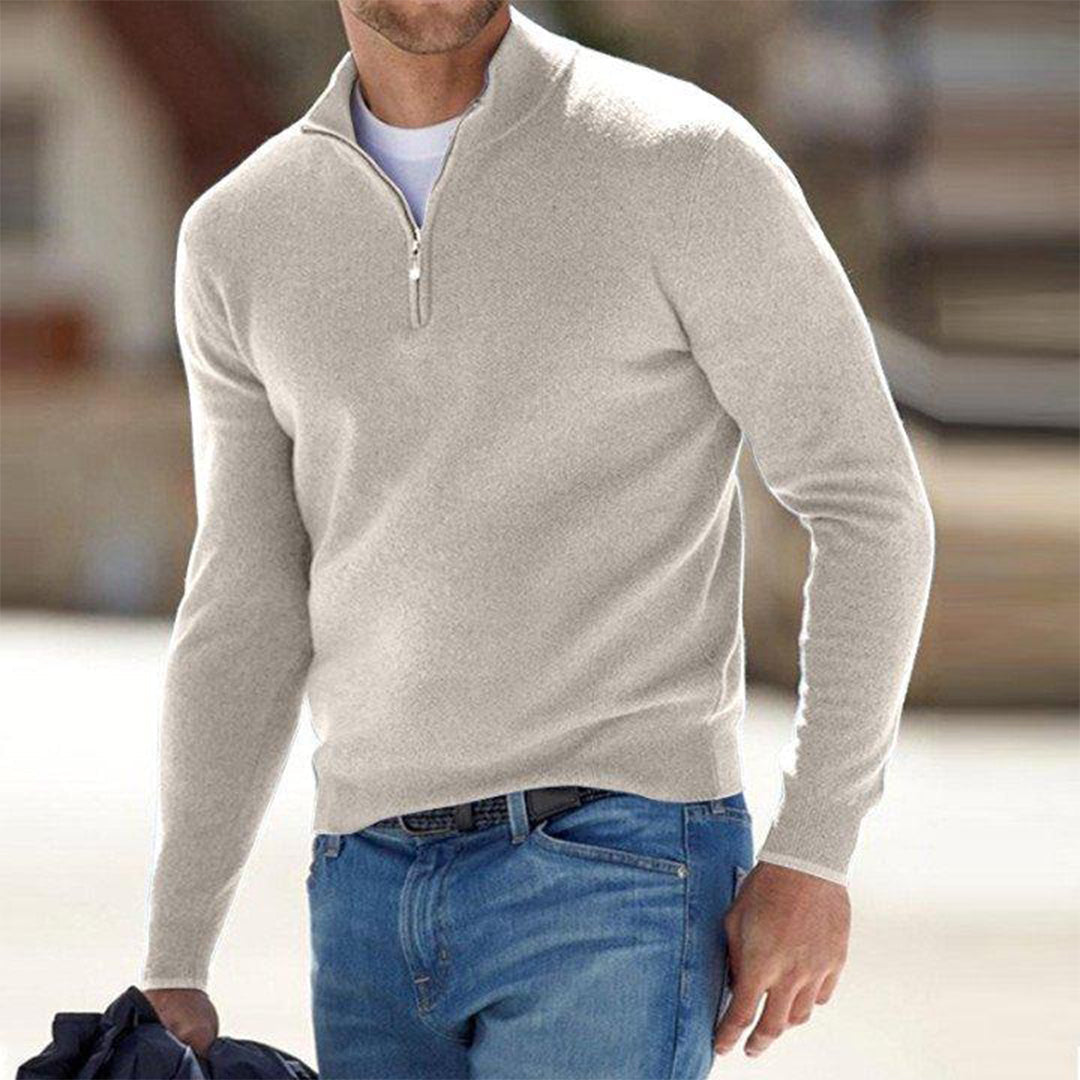 Men's Light-Weight Quarter-Zip Knit Pullover with Raised Collar – Beige