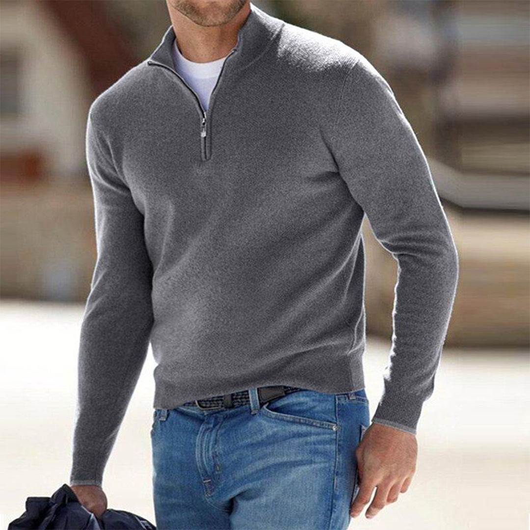 Men's Light-Weight Quarter-Zip Knit Pullover with Raised Collar – Gray