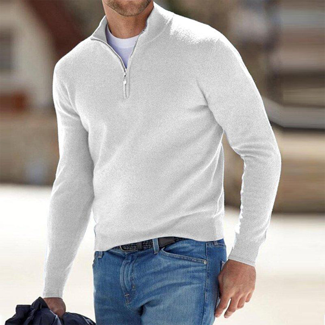 Men's Light-Weight Quarter-Zip Knit Pullover with Raised Collar – White