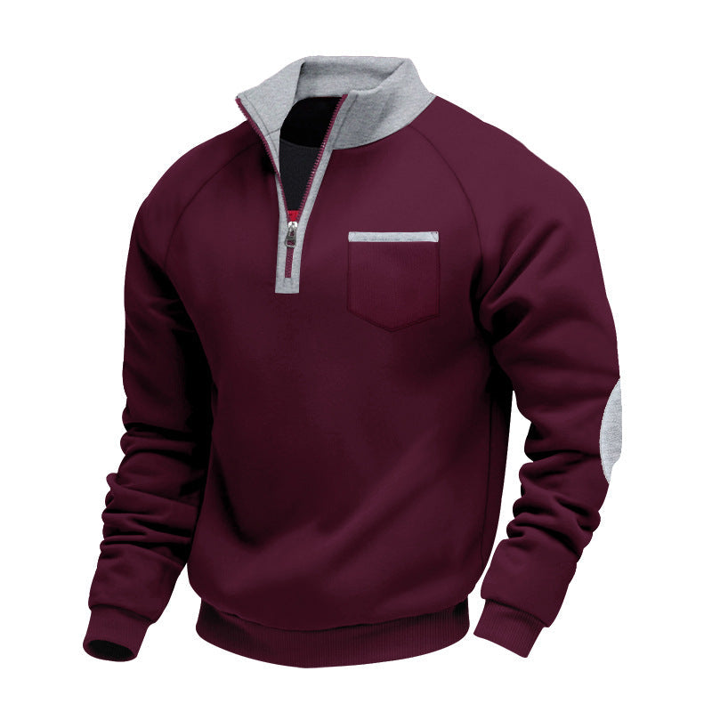 Men's Stand Collar Quarter Zip Sweatshirt for Winter – Wine Red