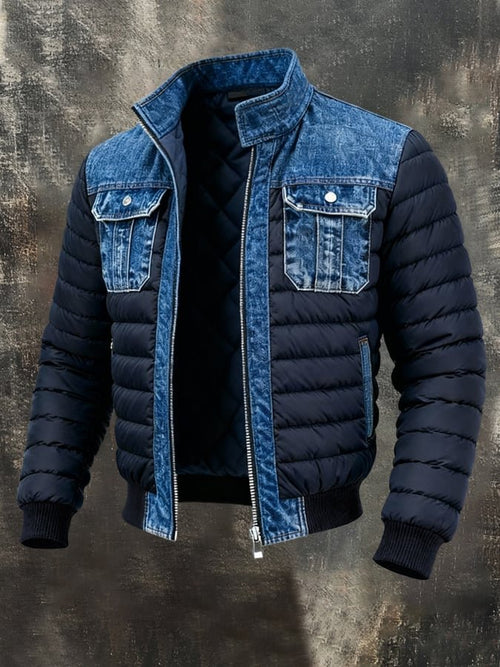 Men's Denim-Wash Panel Padded Puffer Bomber Jacket – Blue