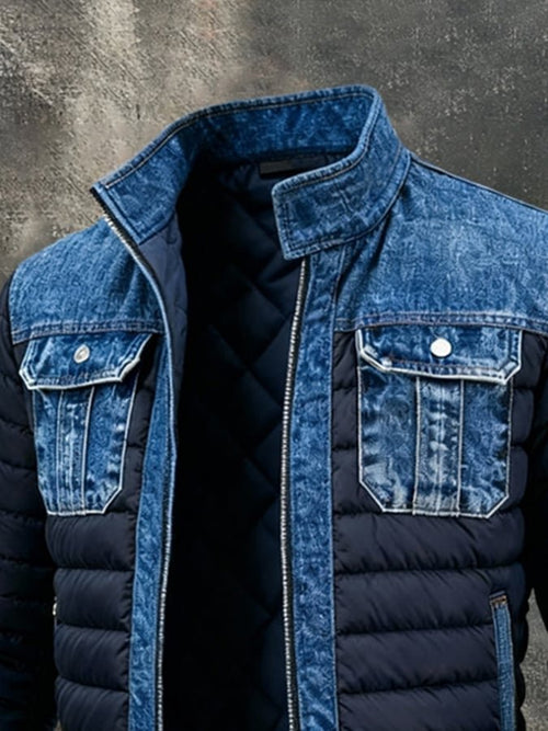 Men's Denim-Wash Panel Padded Puffer Bomber Jacket – view 2