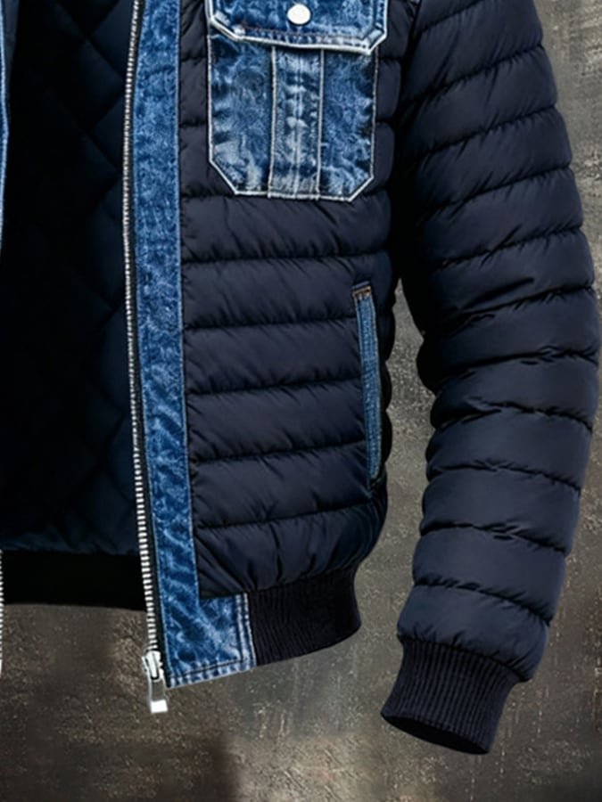 Men's Denim-Wash Panel Padded Puffer Bomber Jacket – view 3