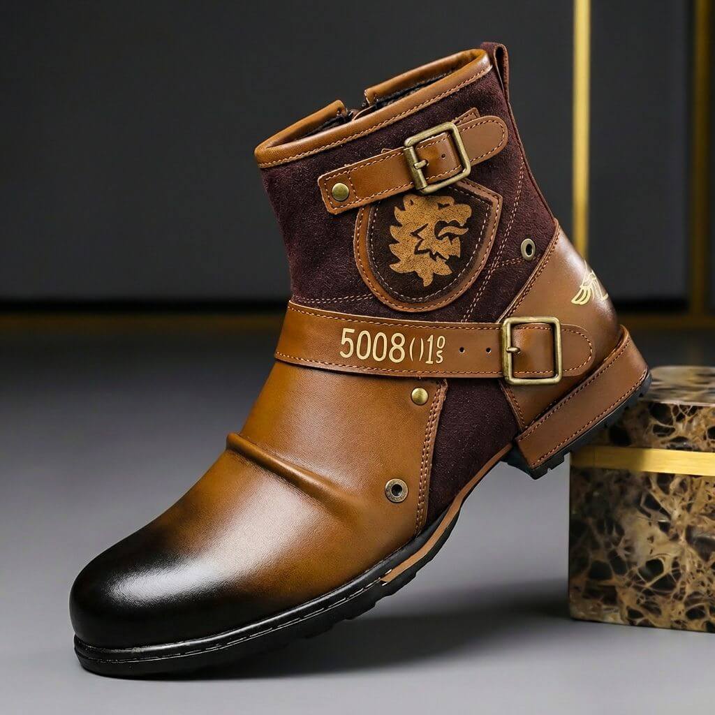 Men's Leather and Suede-Finish Buckle-Detail Boots – Brown