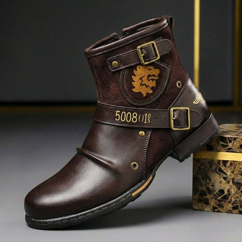 Men's Leather and Suede-Finish Buckle-Detail Boots – Dark Brown