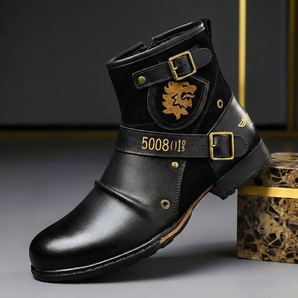 Men's Leather and Suede-Finish Buckle-Detail Boots – Black