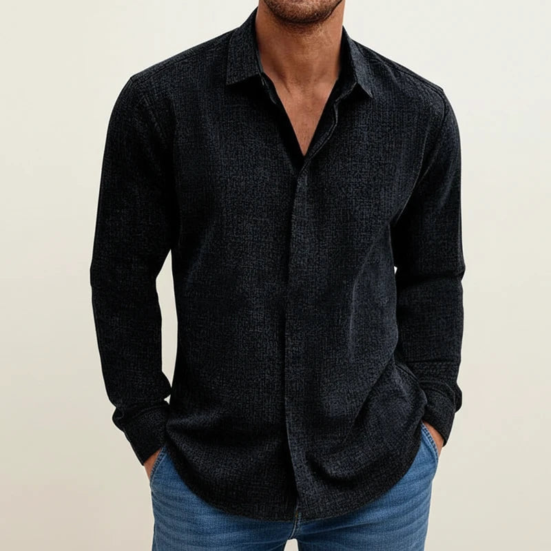 Men's Textured Long-Sleeve Shirt for Evening Wear – Black