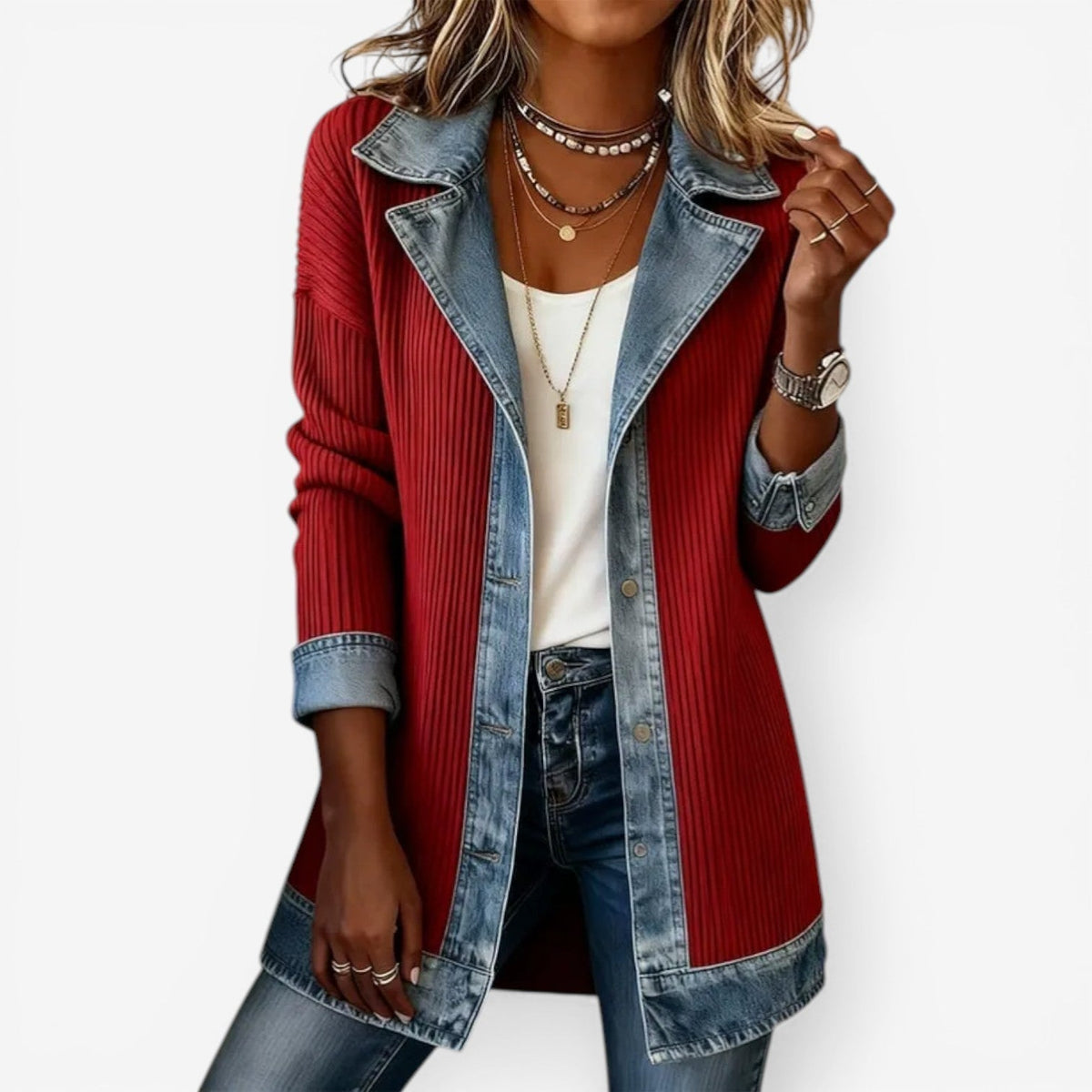 Women's Knit and Denim-Wash Layered Collar Button Jacket – Red