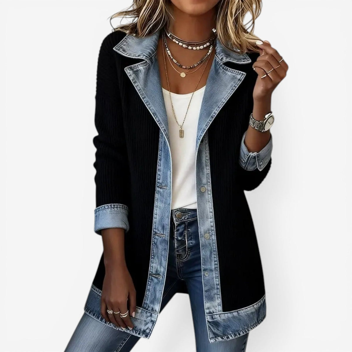 Women's Knit and Denim-Wash Layered Collar Button Jacket – Black