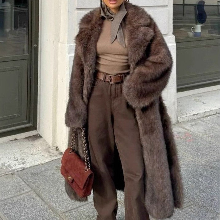 Women's Loose-Fit Plush-Fur Coat – Dark Brown