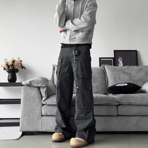 Men's Flared-Leg Multi-Pocket Cargo Trousers – Dark Gray