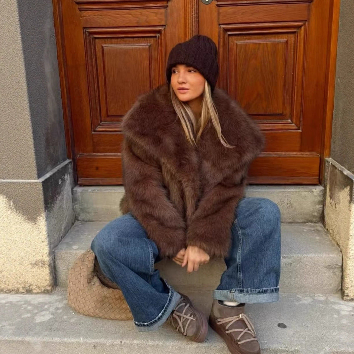 Women's Plush-Fur Short Coat with Statement Collar – view 3