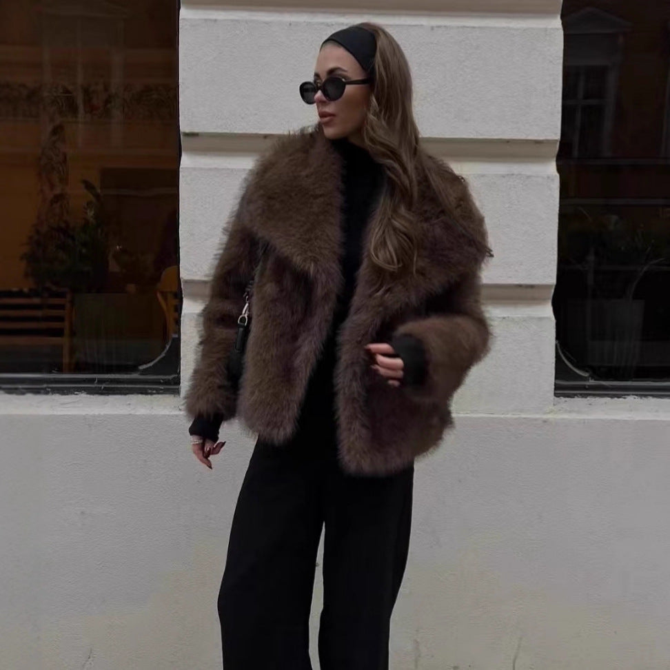 Women's Plush-Fur Short Coat with Statement Collar – view 4